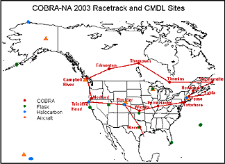 This map shows the tracks aircraft will follow to map greenhouse gas emissions across central North America.