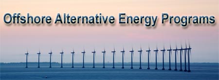 Photo of Wind Turbine Farm with text "Offshore Alternative Energy Programs"