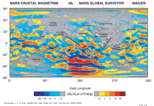 This is a map of the magnetic field of Mars observed by the Mars Global Surveyor satellite at a nominal 400 km altitude.