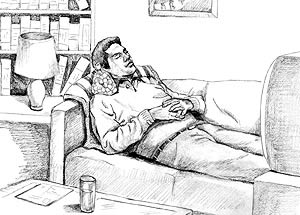 Hombre descansando en el sofa con una bolsa de hielo en su cuello