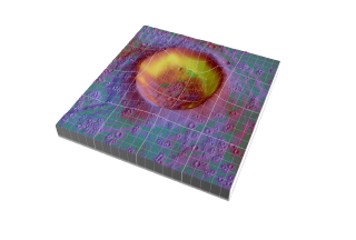 An artist rendition of Diviner's temperature data over a lunar crater. Yellow and red indicate areas of high temperatures whereas purple and blue indicate areas with colder temperatures. The green areas depict areas with level surfaces.