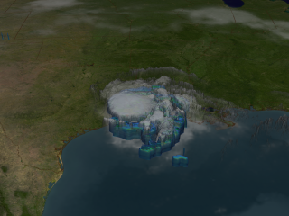 Tropical Storm Eduoard on August 5, 2008. Peer through the clouds to see the storms structure. The blue region represents areas where the storm is dumping at least 0.25 inches of rain per hour and the green region is raining 0.5 inches of inches per hour.