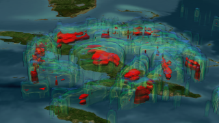 This image shows the rain structure of the hurricane at this time. Rain is the fuel that powers the storm. The blue region represents areas where the storm is dumping at least 0.25 inches of rain per hour. Green is 0.5 inches of rain per hour, yellow is 1.0 inches of rain and red is 1.5 inches of rain per hour.