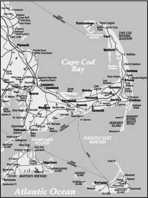 A map showing the location of Nantucket Sound, the triangular section of ocean between Cape Cod and the islands