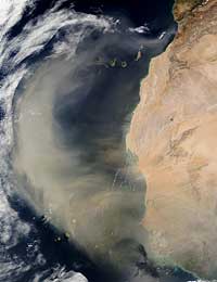 Satellite image of Saharan dust outbreak moving off Africa into the North Atlantic