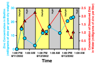 Results of a 54.5-hour field experiment conducted on the banks of High Ore Creek, Mont., during August 2002. Biofilm material grown in zinc-free water in a laboratory was placed in a streamside aquarium. Filtered stream water was then pumped through the aquarium, and the aquarium was exposed to natural sunlight. The graph shows the cycling of zinc concentrations measured in water (red triangles) and the biofilm (blue circles) in the aquarium. The graph is a modified version of figure 3 from Morris and others, 2005