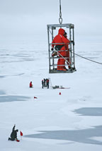 Crew and scientists are transported to the ice in a cage-like hoist