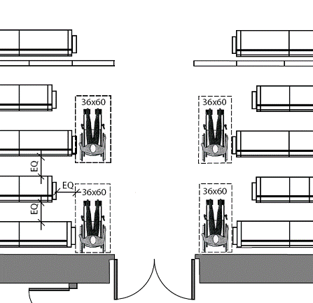 Plan view drawing illustrating shoulder alignment for side approach wheelchair seating spaces