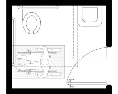 The door swing can overlap fixture clearances if wheelchair space