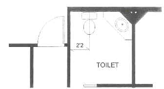 Plan view of toilet room with a toilet located so that the cetnerline is 2 feet 2 inches from a sidewall.