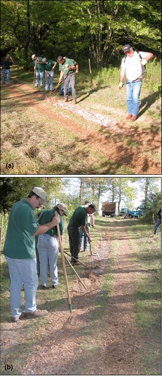 Figure 8—Installation of Soil-Sement surface on bridle path: (a) application of Soil-Sement by backpack-type sprayer; (b) trail crew mixed, leveled, and compacted the narrow trail filled with SEWF.