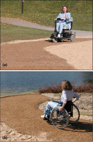 Figure 12—Testing bonded beach path with (a) battery-powered and (b) hand-powered wheelchairs. Shadow near the waterline indicates terminal curb of beach path. 
