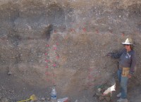 Inspecting a pit wall for evidence of a geologic fault. Faults can form pathways or barriers to the transport of contaminants in the unsaturated zone