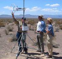 Eddy covariance station used to measure continuous evapotranspiration from desert soil and plants. The station non-invasively collects atmospheric data that are analyzed to calculate continuous water-vapor flux values