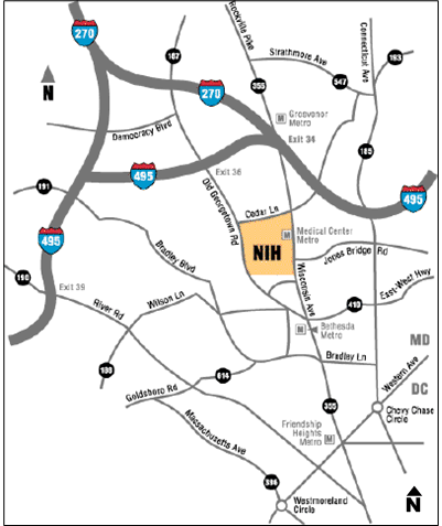 Map of the Bethesda, MD, area, containing the NIH campus