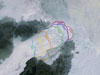 Jakobshavn Glacier Flow and calving front on 08/08/2006. Lines also indicate the calving front in 1942, and 2001 through 2006.