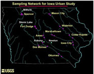 During 2001, 76 water samples were collected upstream and downstream of selected towns and cities during the Iowa Urban Study of emerging contaminants