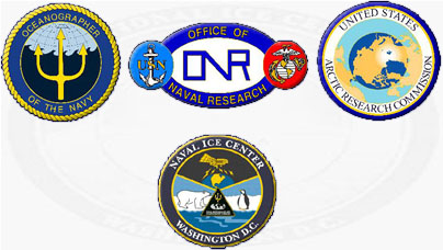 Watermarked logo of National Ice Center and image of 4 logos:  Oceanographer of the Navy, ONR, US Arctic Research Commission, and the Naval Ice Center Logos