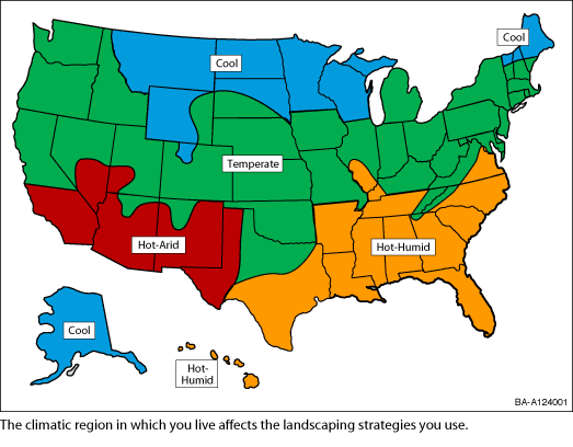 Map of the United States showing climatic regions. Hot-Arid states include southern California, southern Nevada, most of Arizona and New Mexico, and western Texas. Hot-humid states include Hawaii and the region spanning from southern Texas east to southern Virginia, and north through Tennessee and parts of   western Kentucky and southern Illinois. The temperate region spans from northern California and all up the west coast, through the mid-section of the country to the east coast from Maryland to Maine. The cool region includes Alaska and the northern states of Wyoming, most of western Montana, North Dakota, northern South Dakota, Minnesota, Wisconsin, Michigan, northern Vermont and New Hampshire, and most of Maine. The caption reads: The climatic region in which you live affects the landscaping strategies you use. If you have a visual impairment and can't read this map, contact the webmaster for help determining your climatic region.