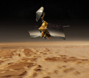 A graphic image that represents the Mars Reconnaissance Orbiter (MRO) mission