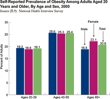 Self-reported obesity among adults aged 20 years and older: ages 20-39: men: 19.3%, women: 18.8%, total: 19.1%; ages 40-59: men: 25.6%, women: 25.3%, total: 25.4%; ages 65+: men: 18.8%, women: 22.1%, total: 20.6%.