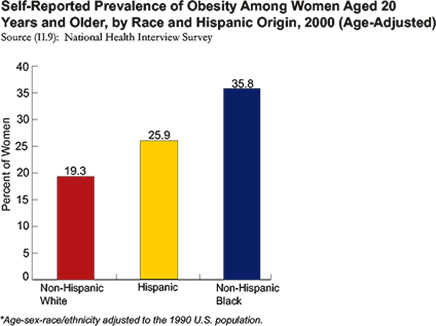19.3% of non-Hispanic white, 25.9% of Hispanic, and 35.8% of non-Hispanic black women aged 20 years and older were obese as of 2000.