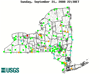 Current streamflow conditions in New York; click to go to a live map.