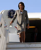 Secretary Rice deplanes upon arrival at Ben Gurion airport. July 29, 2006. State Dept photo