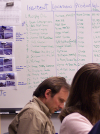 People sitting in front of a white board that lists spill incidents and locations.