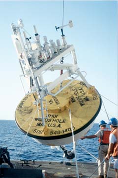 Surface buoy with meteorological instrumentation being deployed in the Arabian Sea.