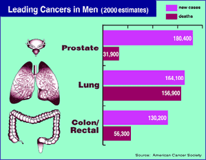 chart showing projected deaths in men from cancer of the prostate, lung, and colon/rectal--statistics repeated two paragraphs below