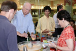 Friends and colleagues gather in the cafeteria