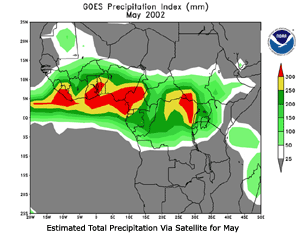 Click Here for satellite estimates of precipitation totals across Africa during May 2002