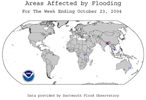Map of flood-affected areas worldwide by early October from the Dartmouth Flood Observatory