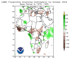Precipitation anomaly estimates for Africa during October 2004