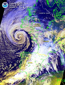 Satellite image of a strong storm system that battered western Europe on October 27, 2004