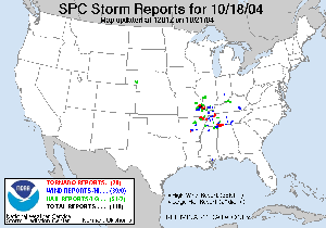 Severe weather reports in the United States from the Storm Prediction Center on October 18, 2004