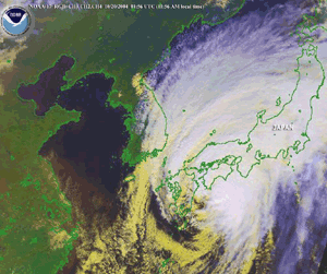 Satellite image of Typhoon Tokage affecting Japan on October 20, 2004
