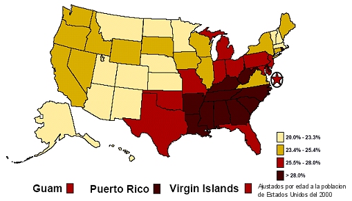 Mapa de los Estados Unidos que muestra el porcentaje de adultos de 20 años de edad en adelante a quienes se les informó que tenían hipertensión, 2003.