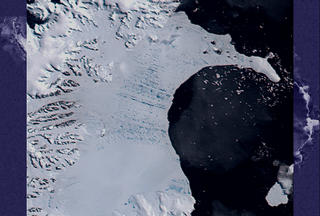 The first image is from 31 January 2002 shows the shelf in late austral summer with
dark bluish melt ponds dotting its surface.