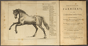 Practical farriery, or, The complete directory : in whatever relates to the food, management, and cure of the diseases incident to horses ; the whole alphabetically digested, and illustrated with copper-plates, plate I and title page