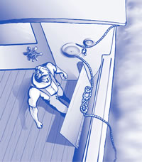Figure 3. Line bin made of plywood with a piano hinge that allows it to drop open and accept trap rope from the pot hauler. Illustration by Media Stream.