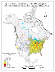 Figure 6. Estimated contributions to the 1996 atmospheric deposition of dioxin to Lake Huron  (ugrams TEQ/km2-yr)