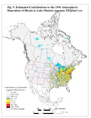 Figure 9. Estimated contributions to the 1996 atmospheric deposition of dioxin to Lake Ontario (ugrams TEQ/km2-yr)