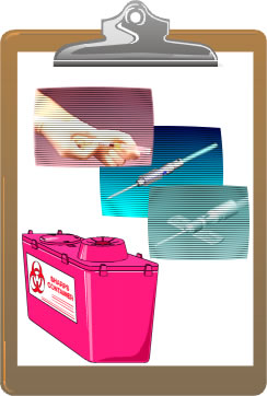 Clipboard image of safer medical devices photos and illustration of sharps bio-hazard refuse container