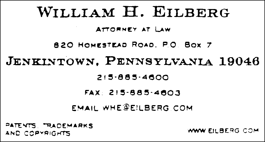 Picture of business card of William H. Eilberg, Attorney at Law, 820 Homestead Road, P.O. Box 7, Jenkintown, Pennsylvania 19046, 215-855-4600, email whe@eilberg.com