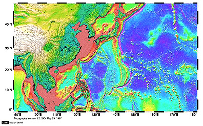 Land and ocean topography in Southeast Asia.