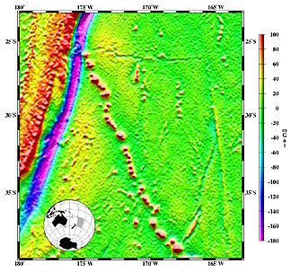 Gravity anomaly map of the ocean floor mortheast of New Zealand.