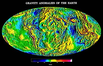 Broad variations of Earth gravity for the entire surface - land and sea; units are mgals; this map is older than those produced from satellite data in the last 20 years.