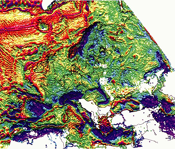 Gravity anomaly map of Europe and marine waters adjacent to the continent.
